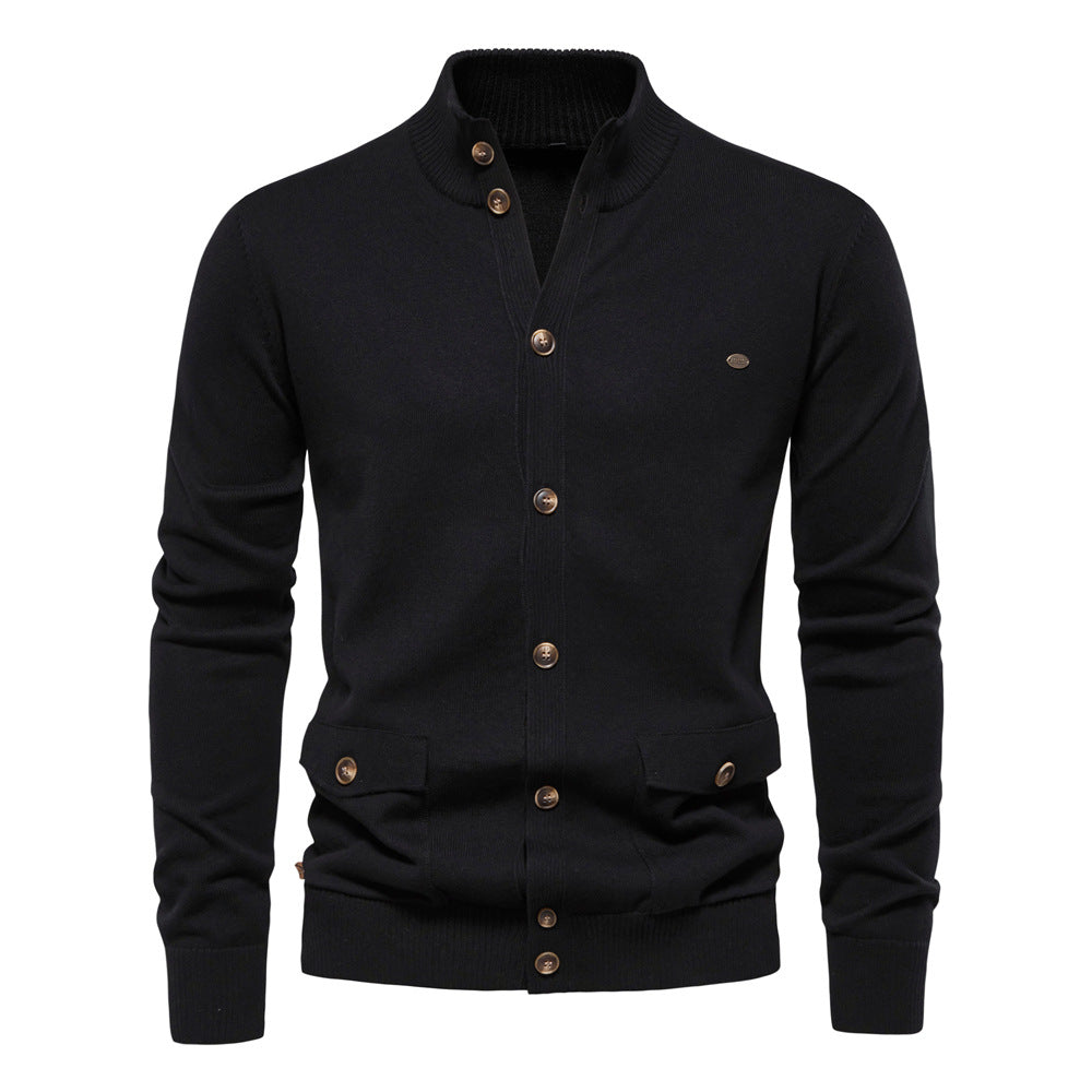 Men's buttoned stand collar cardigan with long sleeves and flap pockets