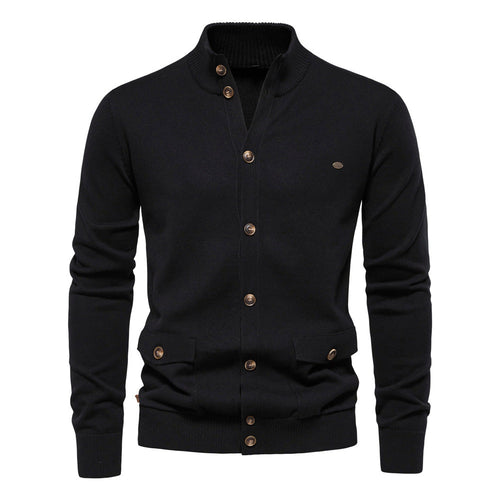 Men's buttoned stand collar cardigan with long sleeves and flap pockets