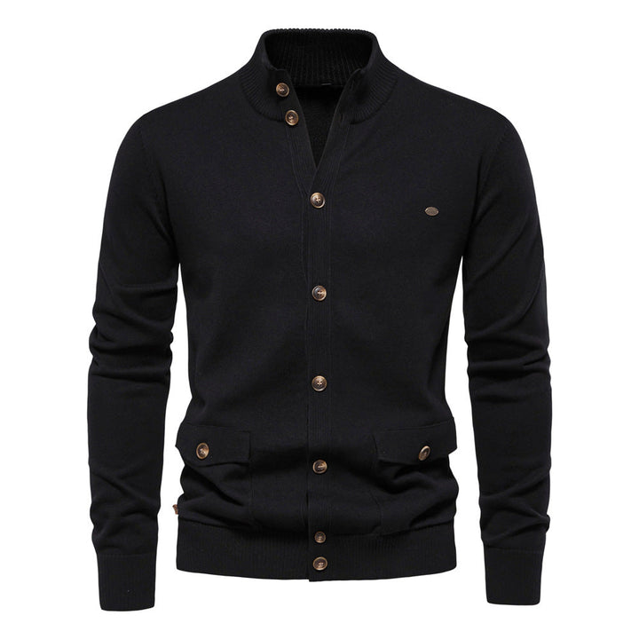 Men's buttoned stand collar cardigan with long sleeves and flap pockets