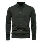 Men's buttoned stand collar cardigan with long sleeves and flap pockets