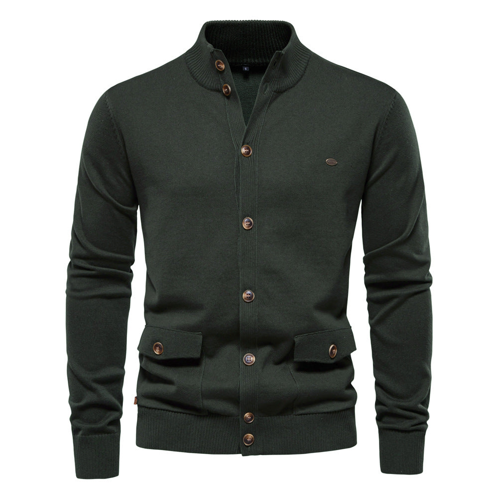 Men's buttoned stand collar cardigan with long sleeves and flap pockets