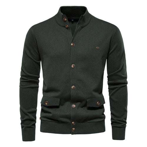 Men's buttoned stand collar cardigan with long sleeves and flap pockets