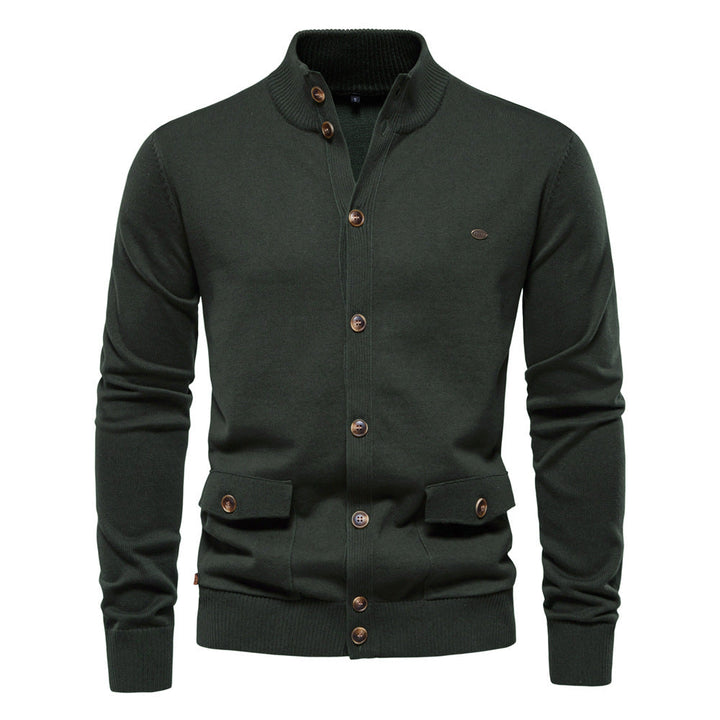 Men's buttoned stand collar cardigan with long sleeves and flap pockets