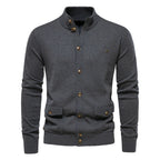 Men's buttoned stand collar cardigan with long sleeves and flap pockets