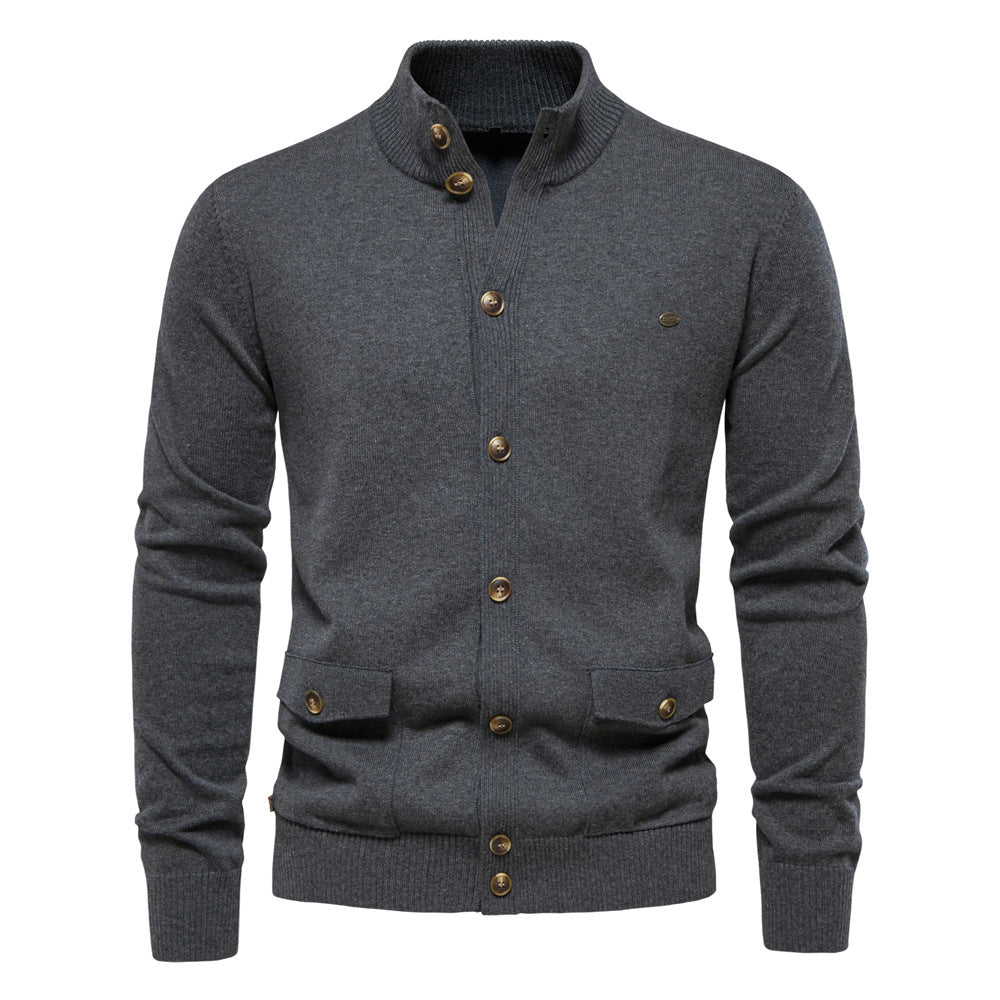 Men's buttoned stand collar cardigan with long sleeves and flap pockets