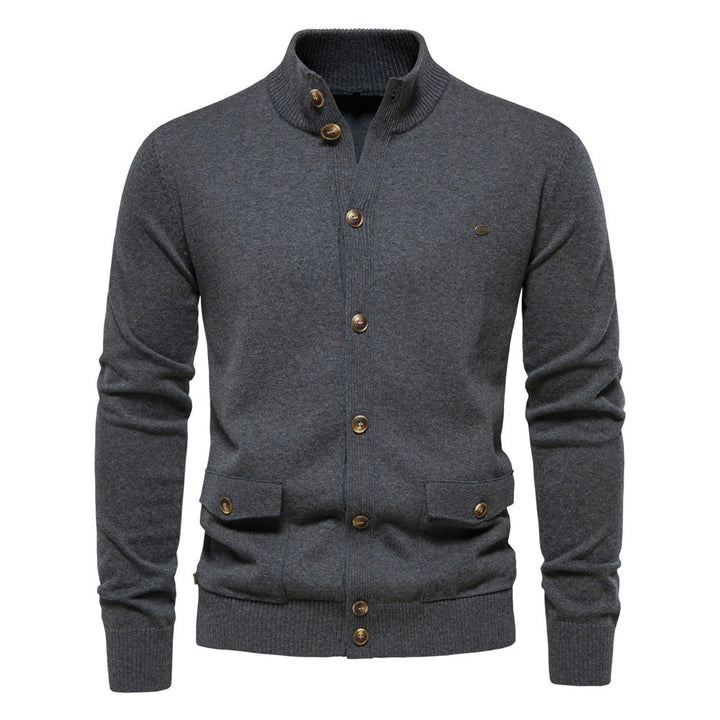 Men's buttoned stand collar cardigan with long sleeves and flap pockets