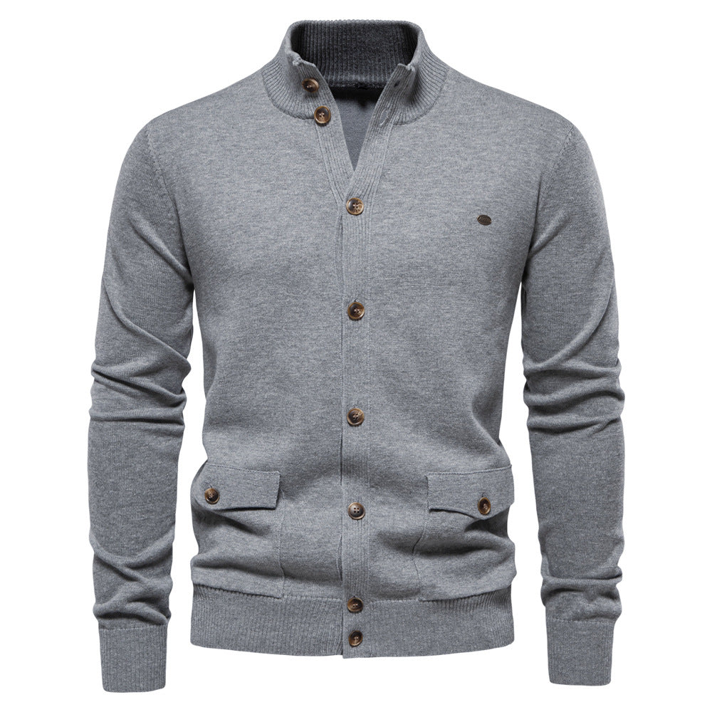 Men's buttoned stand collar cardigan with long sleeves and flap pockets