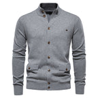 Men's buttoned stand collar cardigan with long sleeves and flap pockets