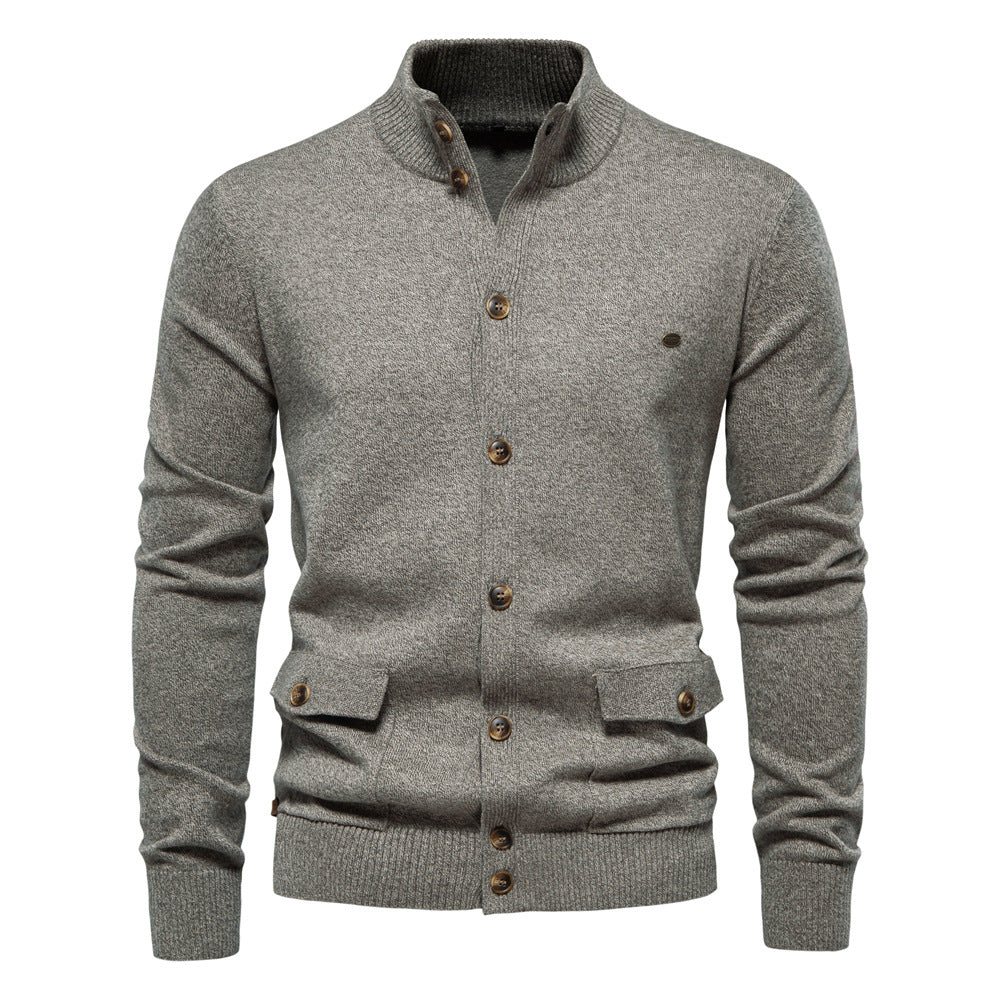 Men's buttoned stand collar cardigan with long sleeves and flap pockets
