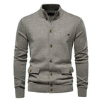 Men's buttoned stand collar cardigan with long sleeves and flap pockets