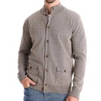 Men's buttoned stand collar cardigan with long sleeves and flap pockets