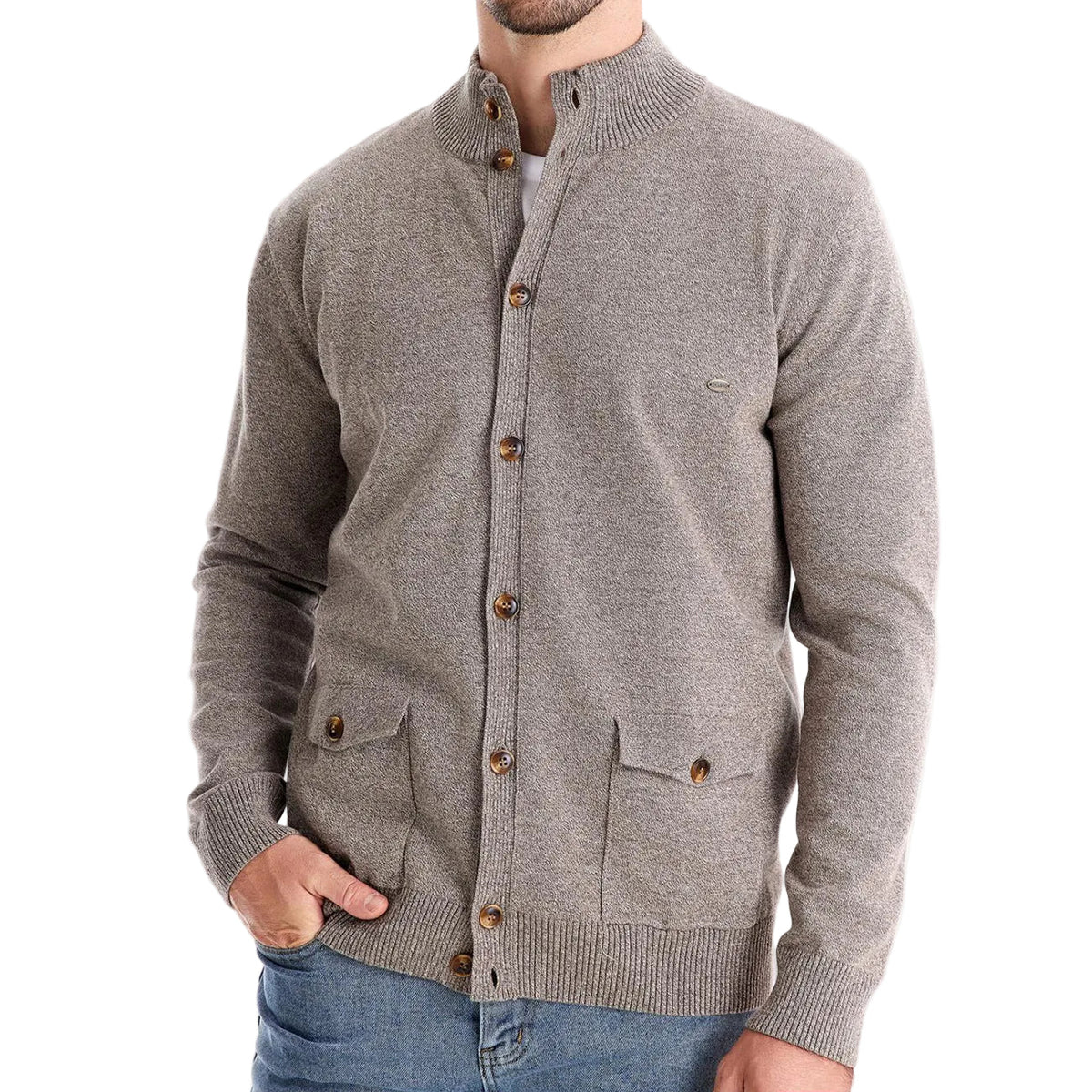 Men's buttoned stand collar cardigan with long sleeves and flap pockets