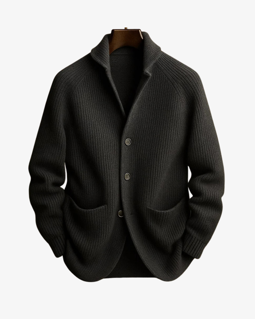 Men's rib knit cardigan with shawl collar, buttons and patch pockets