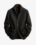 Men's rib knit cardigan with shawl collar, buttons and patch pockets