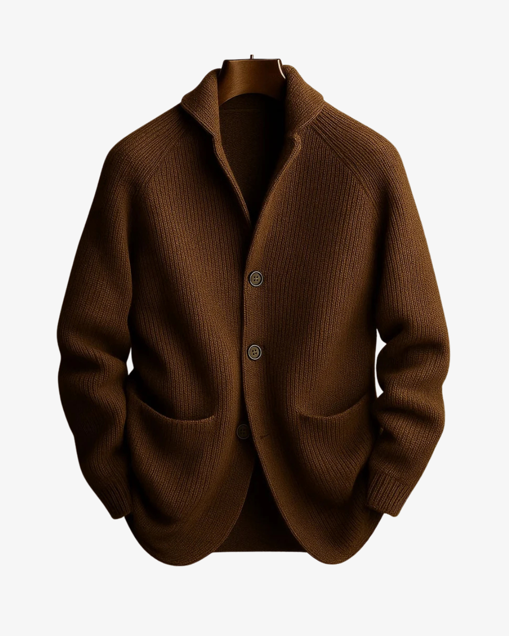 Men's rib knit cardigan with shawl collar, buttons and patch pockets