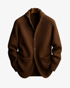 Men's rib knit cardigan with shawl collar, buttons and patch pockets