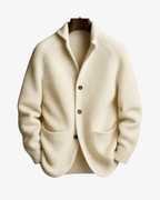 Men's rib knit cardigan with shawl collar, buttons and patch pockets