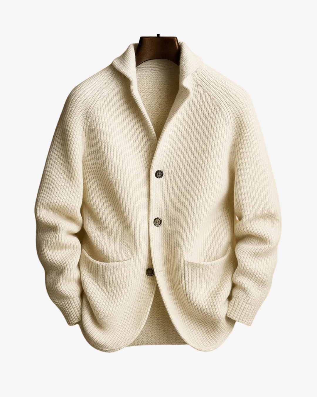 Men's rib knit cardigan with shawl collar, buttons and patch pockets