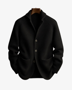 Men's rib knit cardigan with shawl collar, buttons and patch pockets
