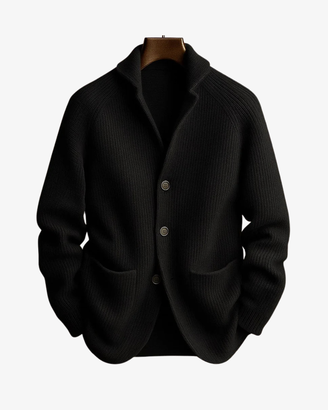 Men's rib knit cardigan with shawl collar, buttons and patch pockets