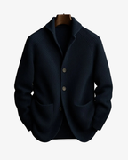 Men's rib knit cardigan with shawl collar, buttons and patch pockets