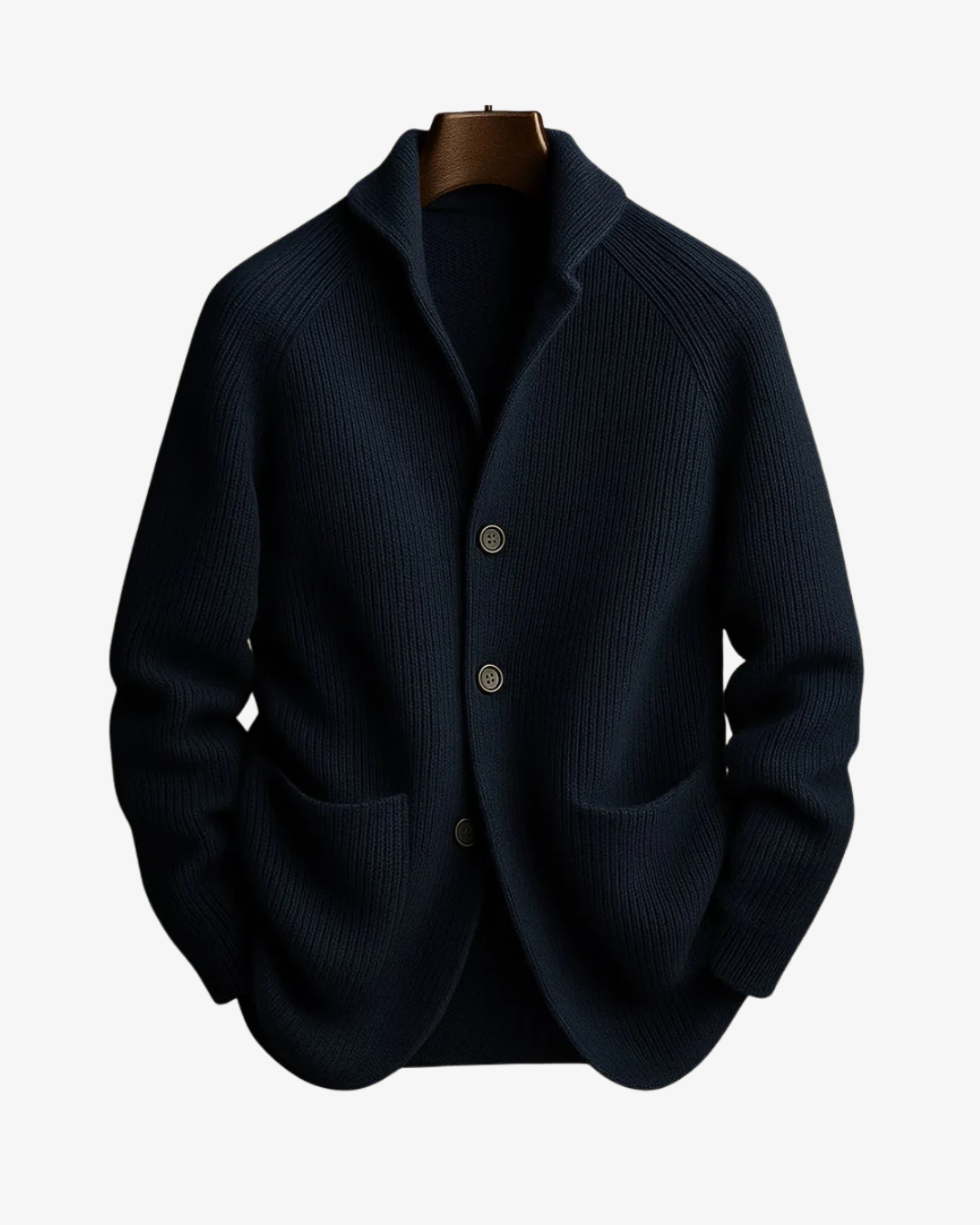 Men's rib knit cardigan with shawl collar, buttons and patch pockets