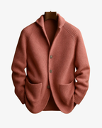 Men's rib knit cardigan with shawl collar, buttons and patch pockets
