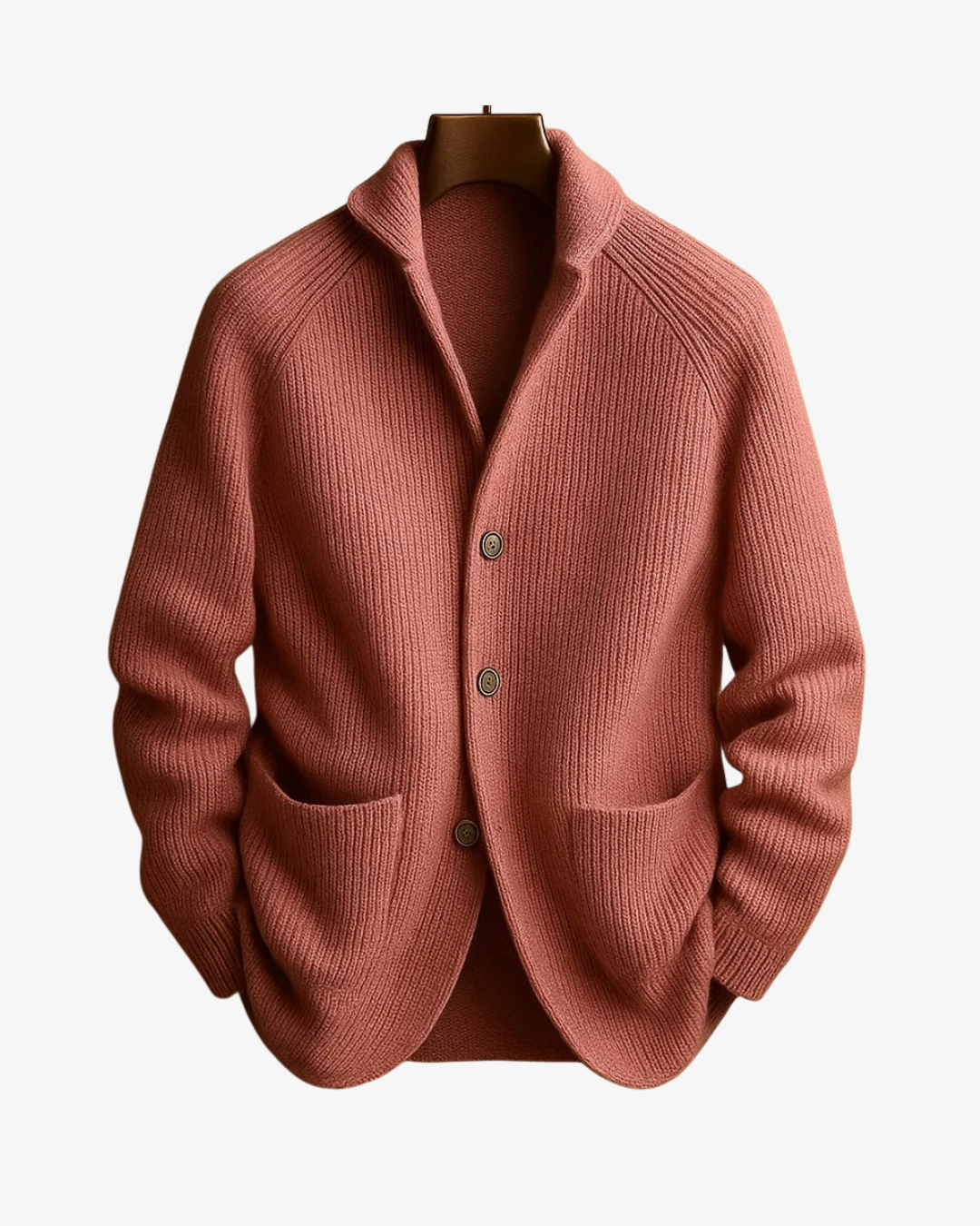 Men's rib knit cardigan with shawl collar, buttons and patch pockets
