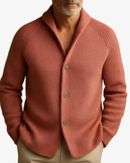 Men's rib knit cardigan with shawl collar, buttons and patch pockets