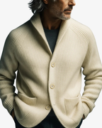 Men's rib knit cardigan with shawl collar, buttons and patch pockets