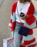 Women's long striped open-front cardigan with textured knit finish
