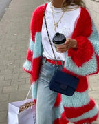 Women's long striped open-front cardigan with textured knit finish