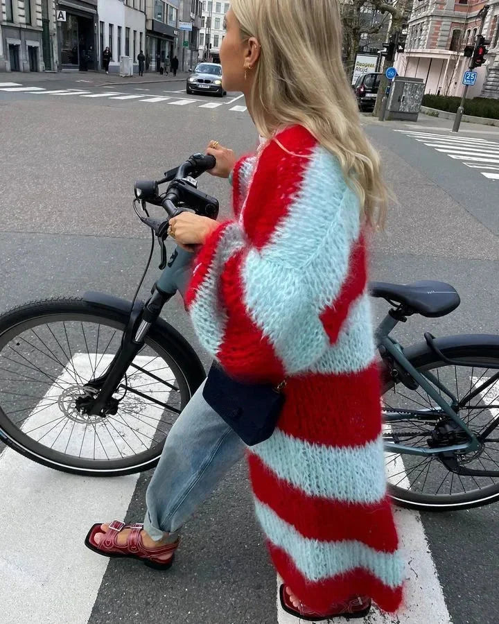 Women's long striped open-front cardigan with textured knit finish