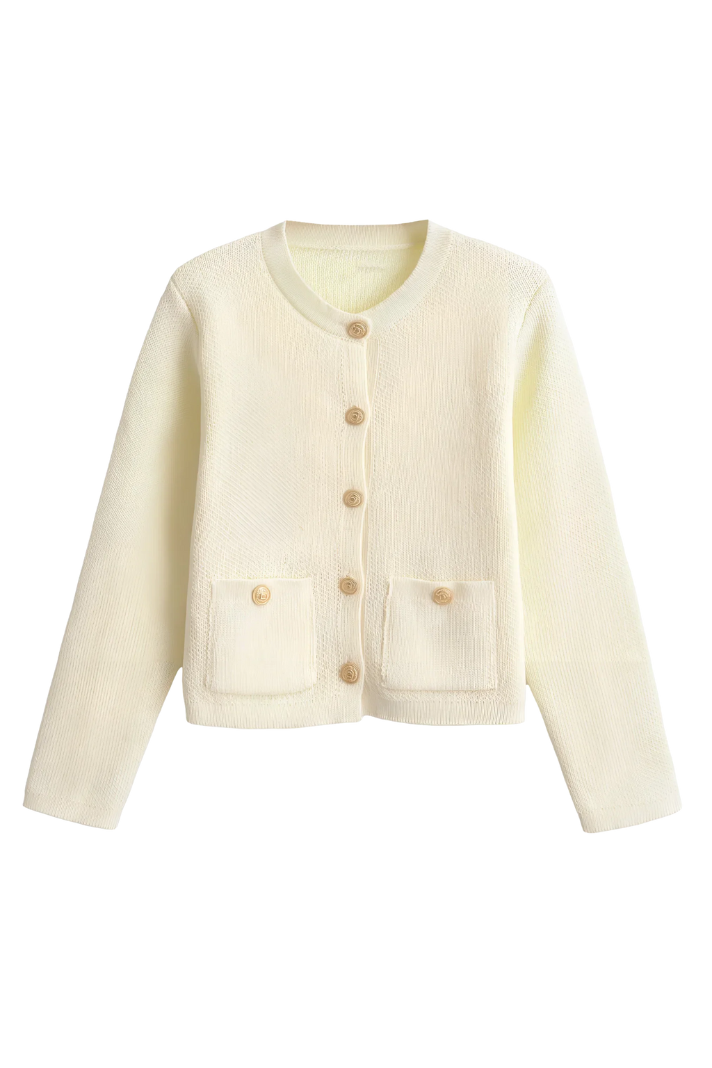 Women's knit cardigan with round neck, gold tone buttons and pockets