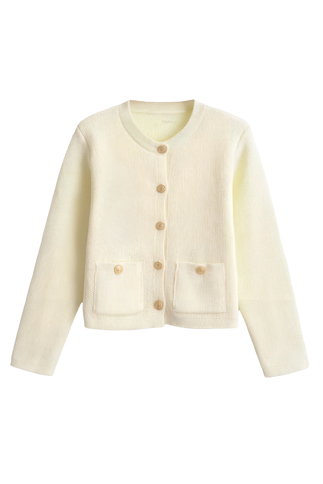 Women's knit cardigan with round neck, gold tone buttons and pockets