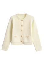 Women's knit cardigan with round neck, gold tone buttons and pockets