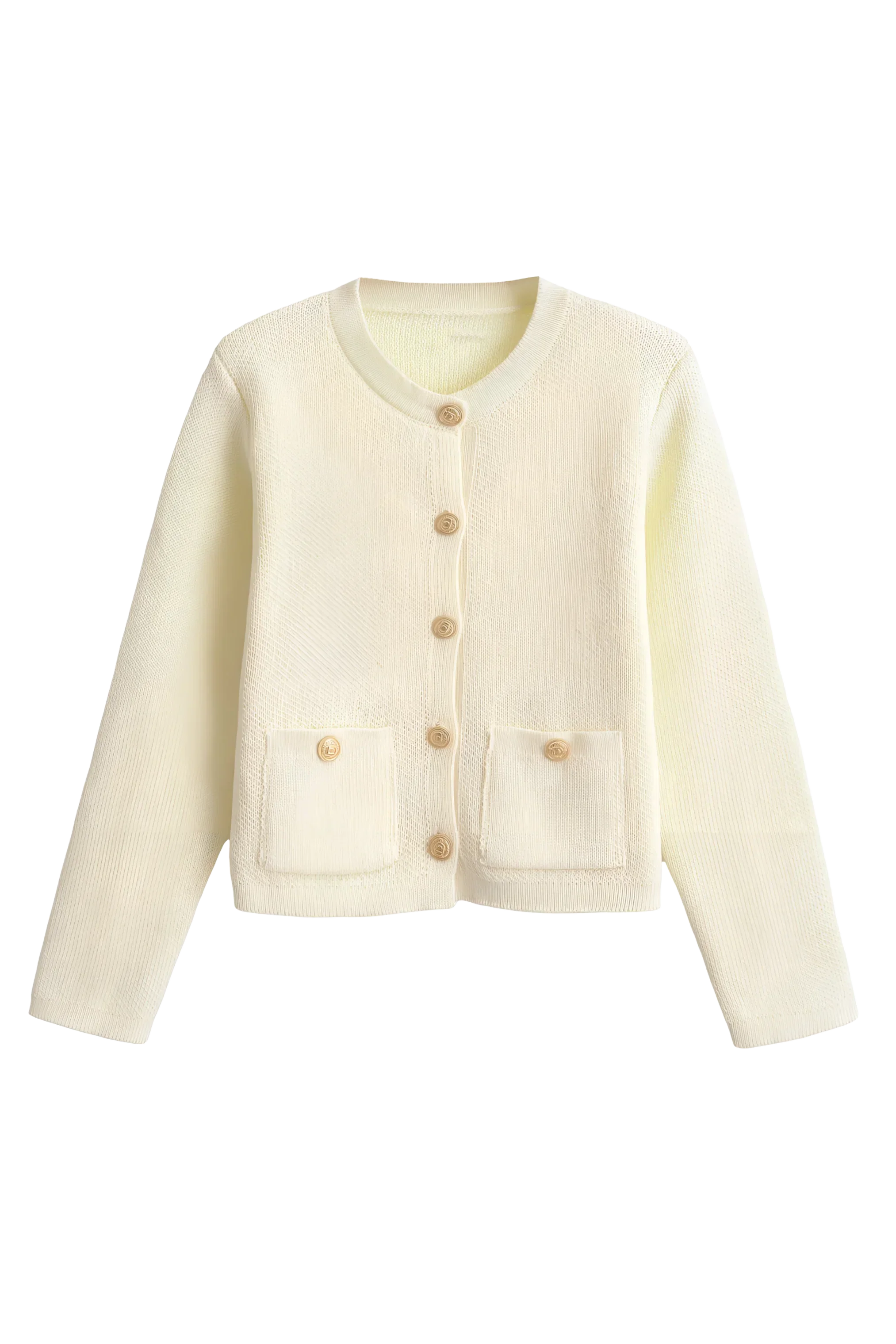 Women's knit cardigan with round neck, gold tone buttons and pockets