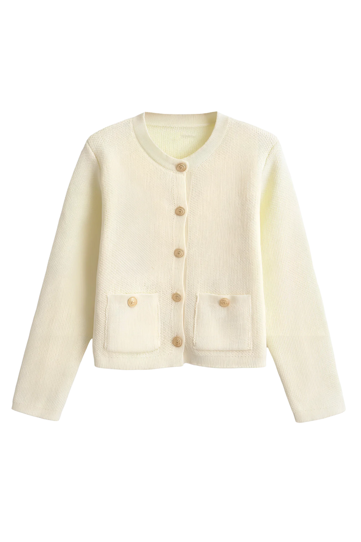 Women's knit cardigan with round neck, gold tone buttons and pockets