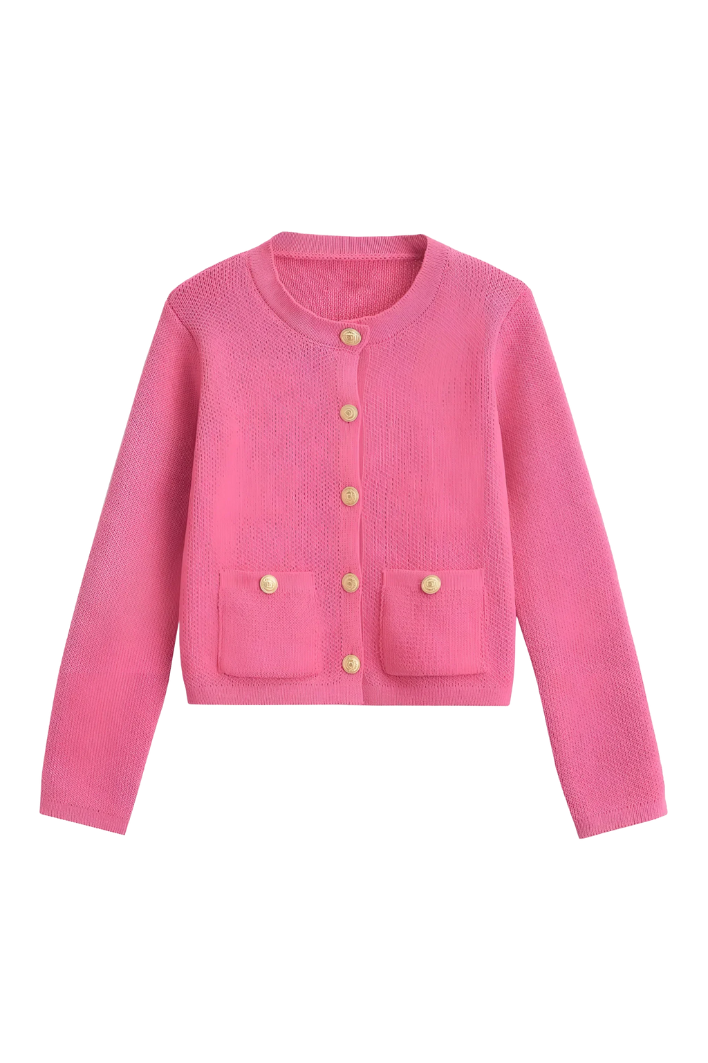 Women's knit cardigan with round neck, gold tone buttons and pockets