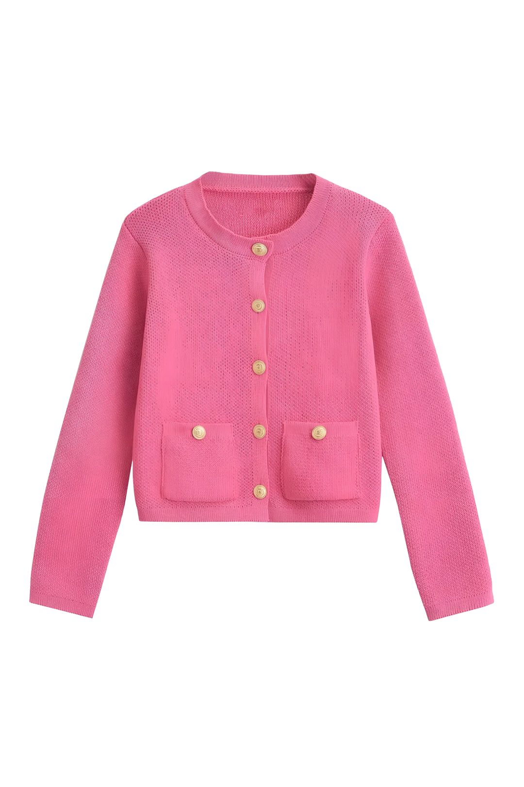 Women's knit cardigan with round neck, gold tone buttons and pockets