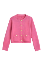 Women's knit cardigan with round neck, gold tone buttons and pockets