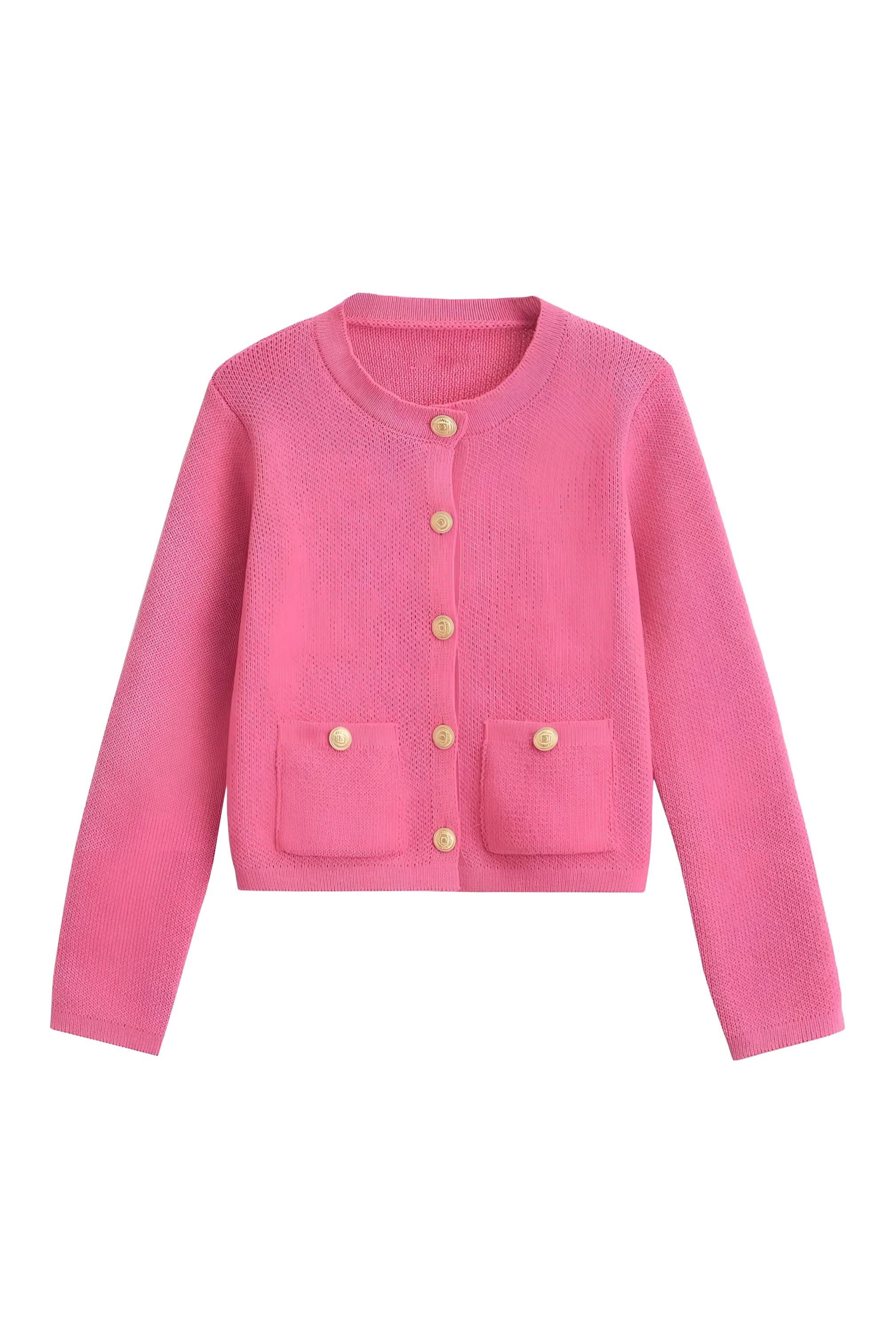 Women's knit cardigan with round neck, gold tone buttons and pockets