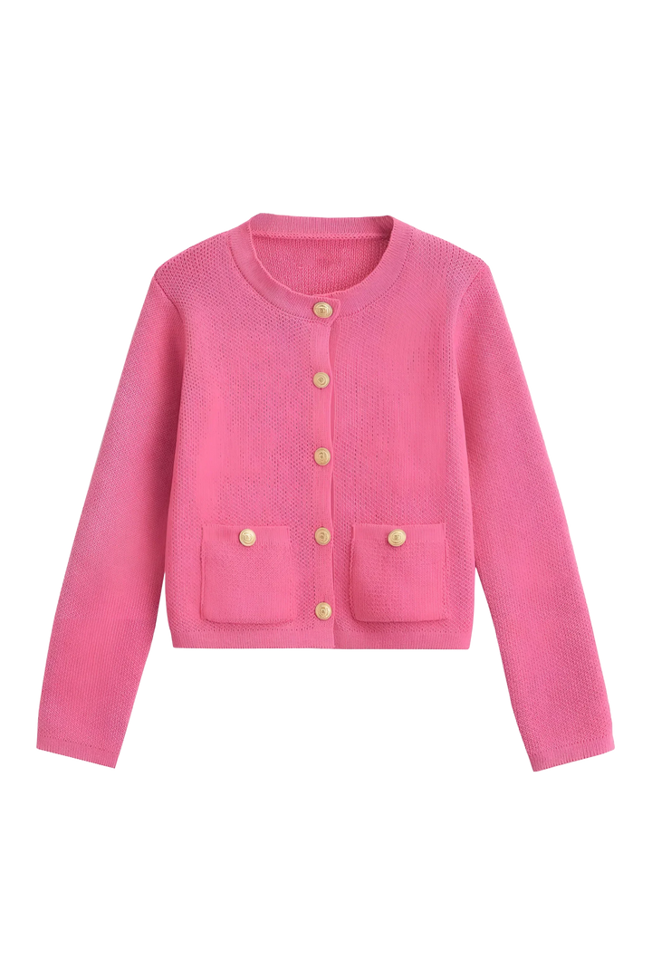 Women's knit cardigan with round neck, gold tone buttons and pockets