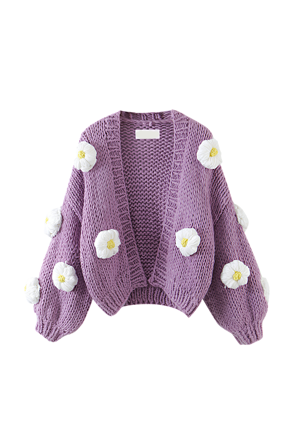 Women's chunky knit cardigan with white flower appliques and puff sleeves