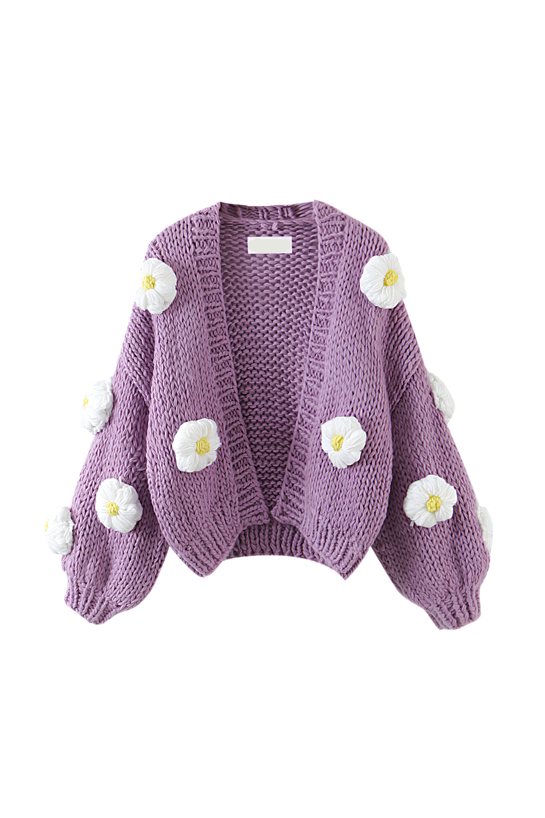 Women's chunky knit cardigan with white flower appliques and puff sleeves