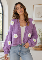 Women's chunky knit cardigan with white flower appliques and puff sleeves