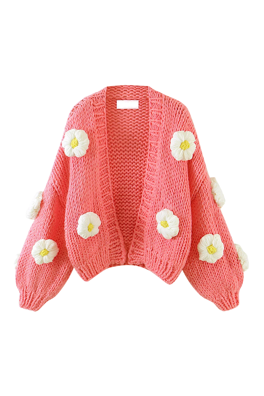 Women's chunky knit cardigan with white flower appliques and puff sleeves