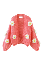 Women's chunky knit cardigan with white flower appliques and puff sleeves