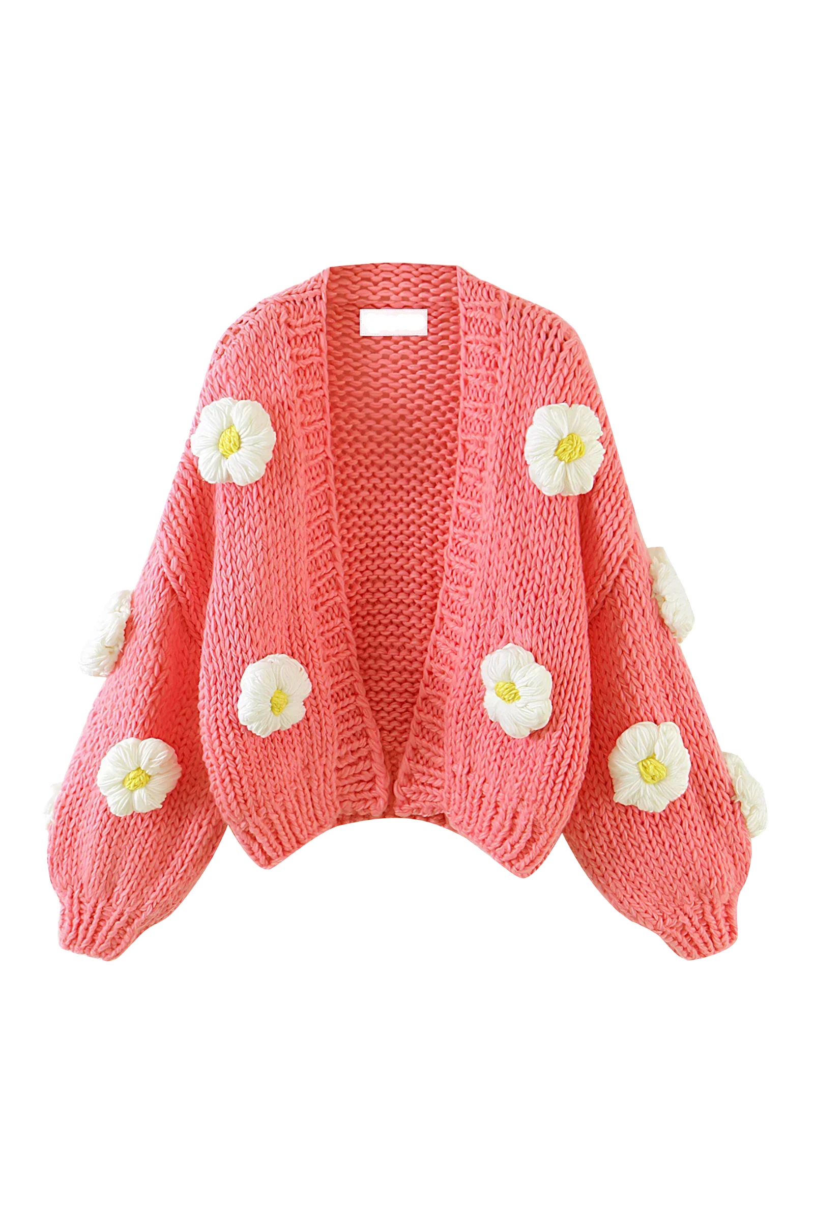 Women's chunky knit cardigan with white flower appliques and puff sleeves