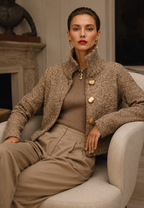 Women's beige textured knit cardigan with high collar and large buttons